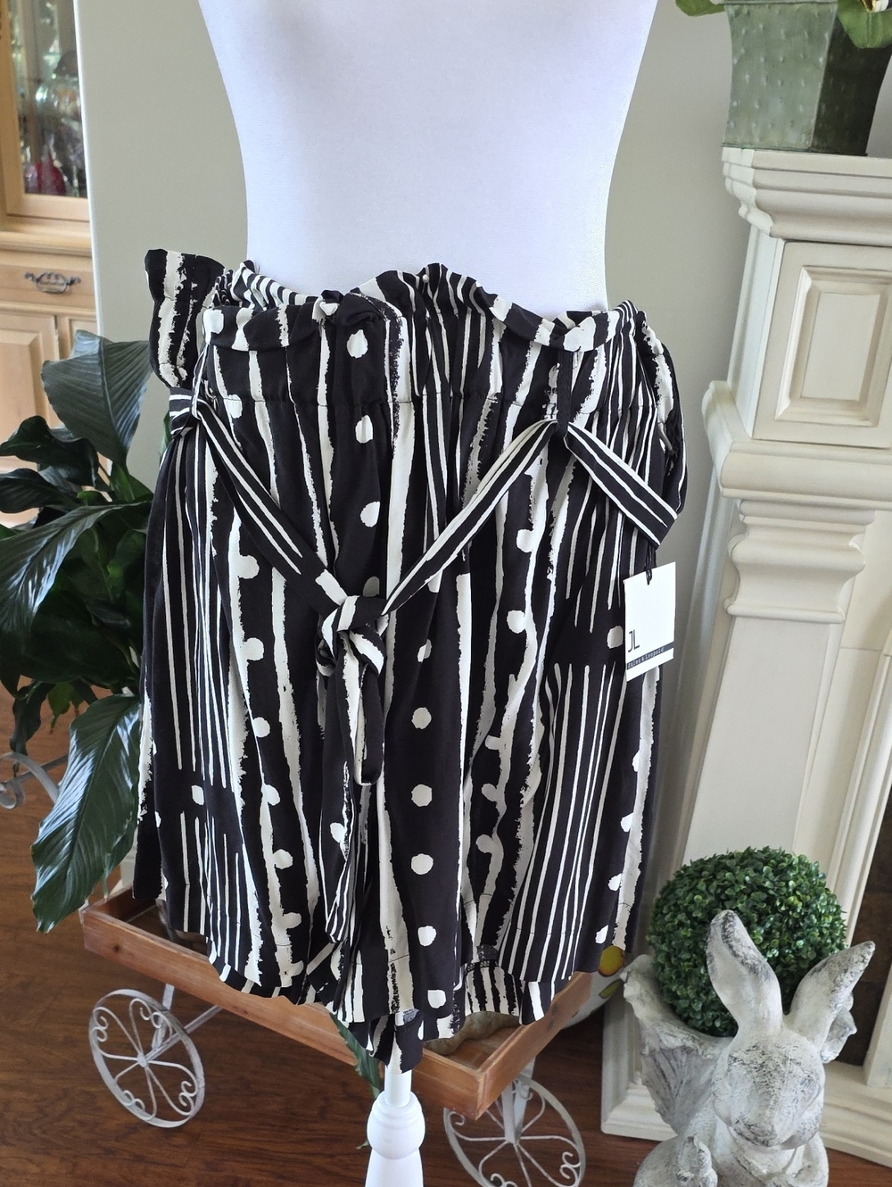 Jules & Leopold Black and White Striped & Polka Dot Paperbag Waist Shorts